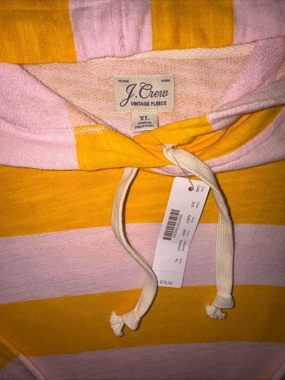 NWT J Crew Striped Hooded Pullover — Yellow & Light Pink Terry Vintage Cotton XL - Picture 3 of 7